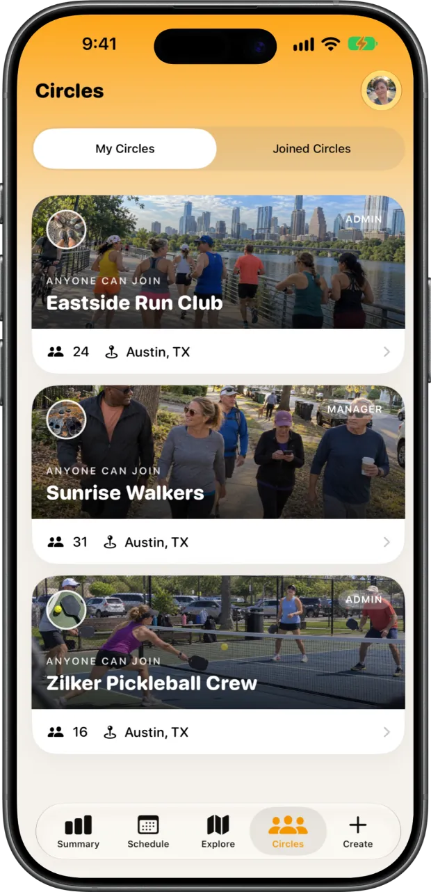 Circles screen listing local groups
