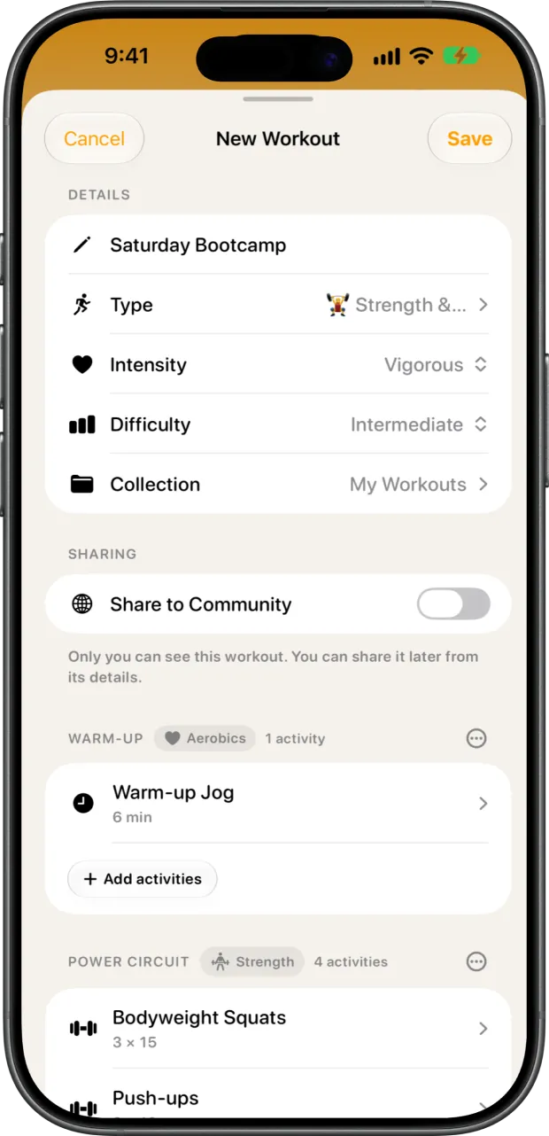 New Workout screen with type, intensity, and activity blocks