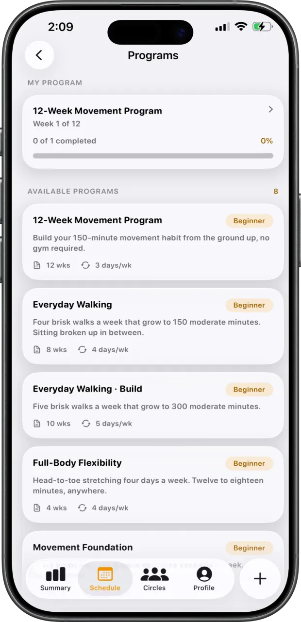 Programs screen listing guided movement programs