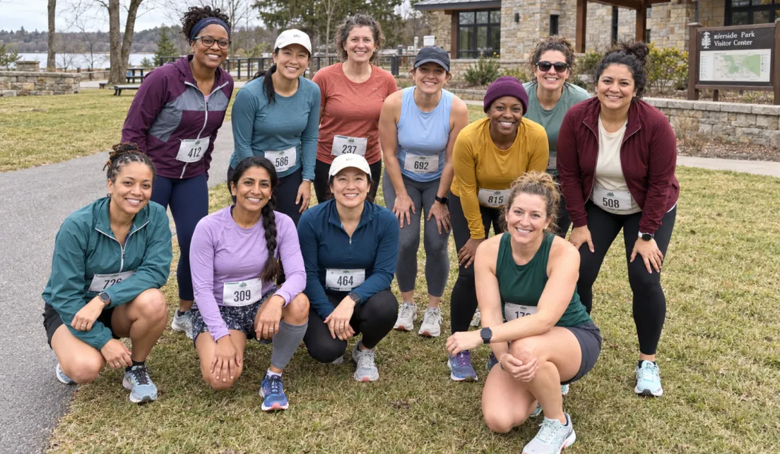 Group of women with race bibs after a 5K